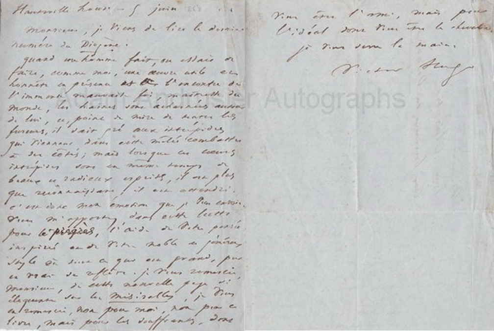 Autograph letter Victor Hugo Les Miserables